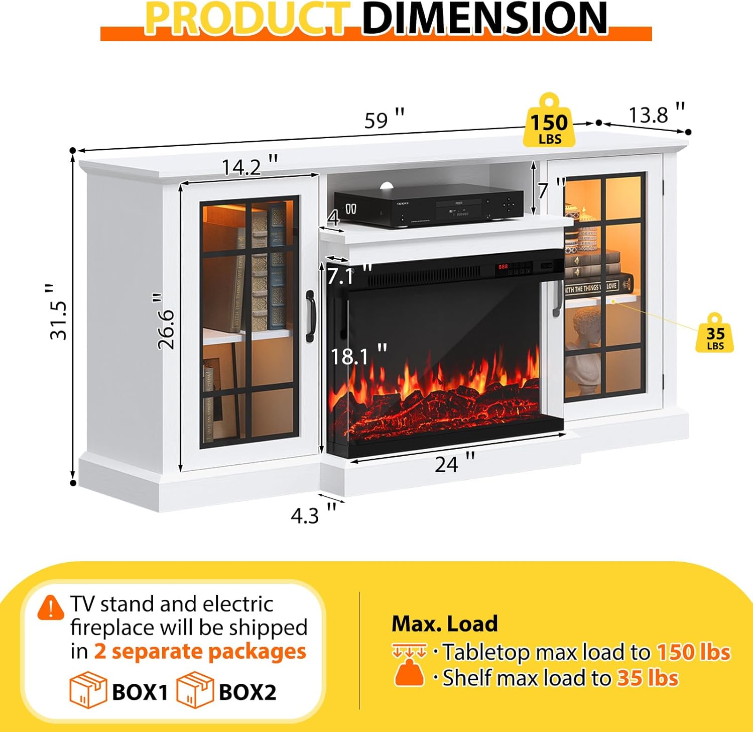 59'' TV Stand, 3 Sided Glass Media Entertainment Center Console Table for TVs up to 65'' with Glass Door, Adjustable Flame LED Color for Living Room, White