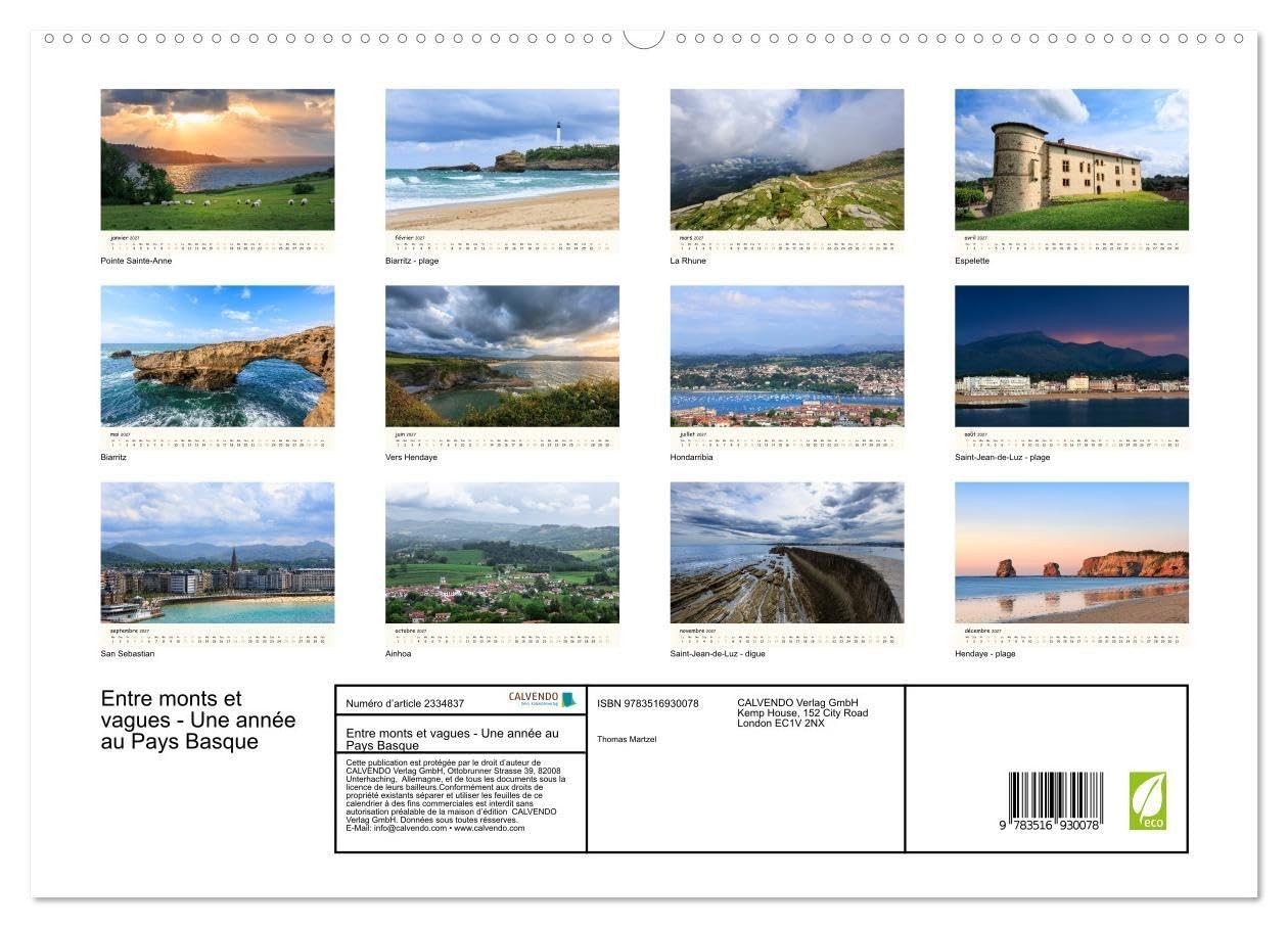 Entre monts et vagues - Une année au Pays Basque (Calendrier mural haut de gamme 2027 DIN A2 vertical), CALVENDO calendrier mensuel: Un calendrier ... et la majesté des monts du Pays Basque.