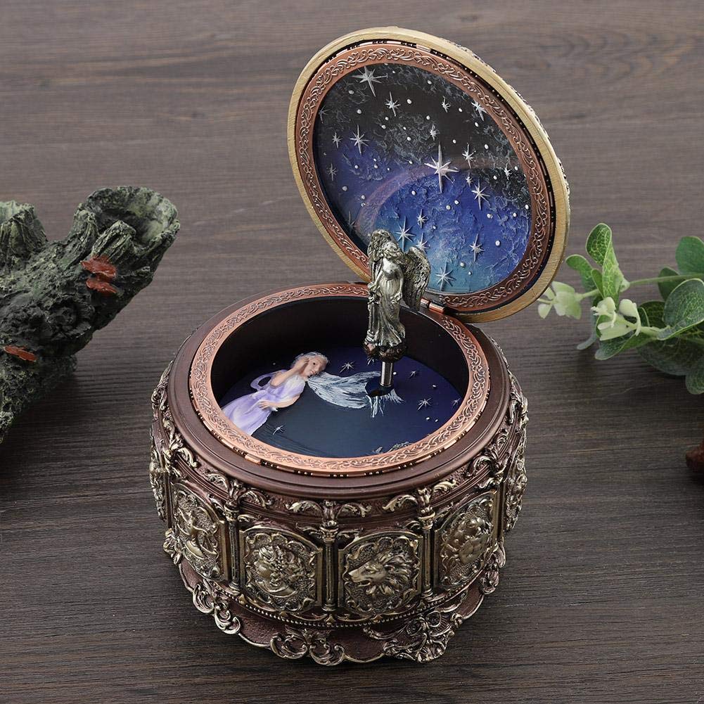 MAGT Caja de música vintage, 12 constelaciones, caja de música con constelaciones giratorias, diosa giratoria, luces LED brillantes, regalos para Navidad, San Valentín, cumpleaños (Virgo)