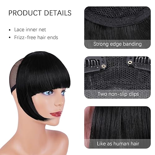 Miniatura 7 de Clip de pelo negro con flequillo, sintético plano con sienes para mujer (negro natural)