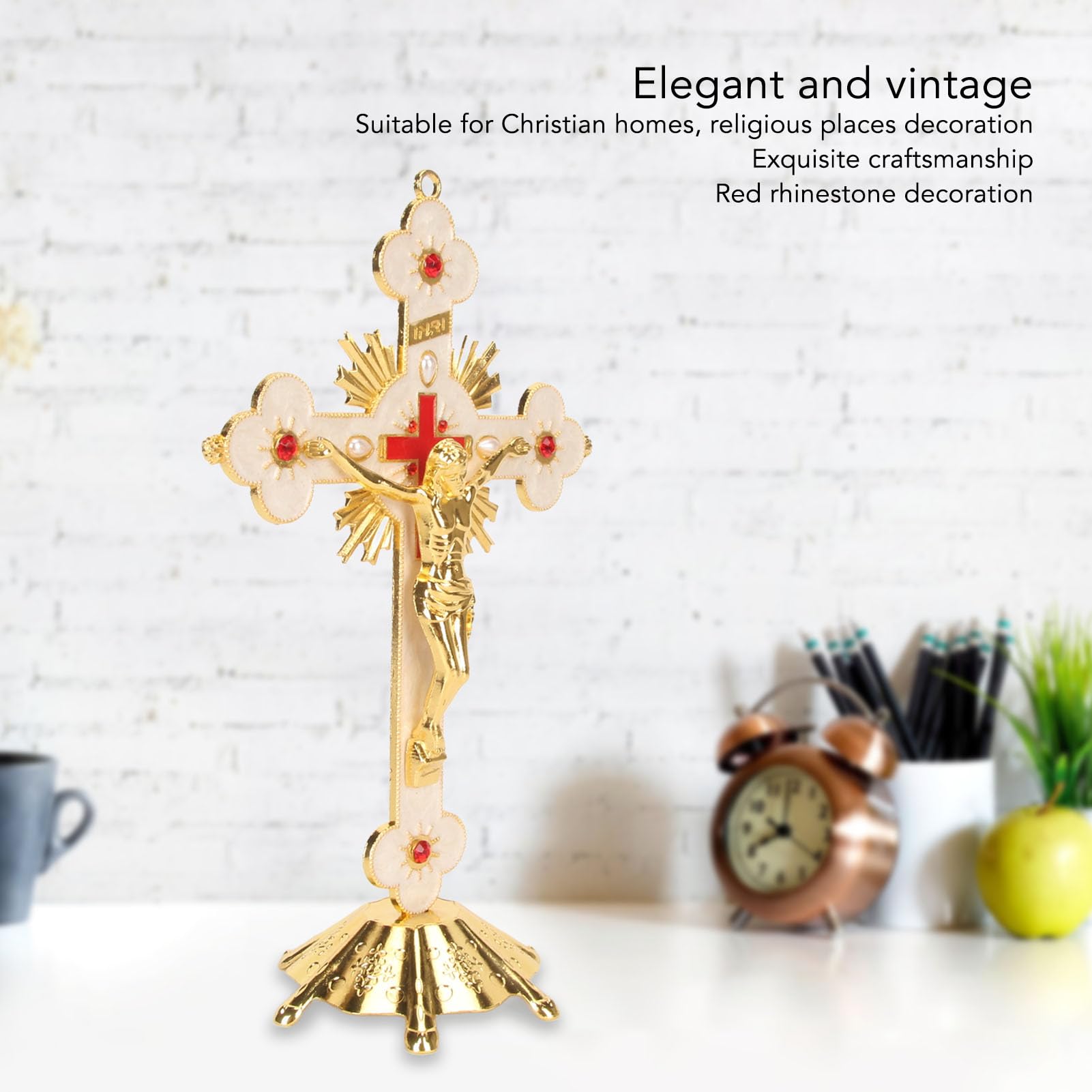 Fockety Stojący Krzyż Znakomity Metalowy Krzyż Stojący Elegancki Retro Retro Krzyż Krzyż Czerwony Rhinestone Dekoracji Z Podstawą Katolicki Krzyż Jezusa Długotrwały