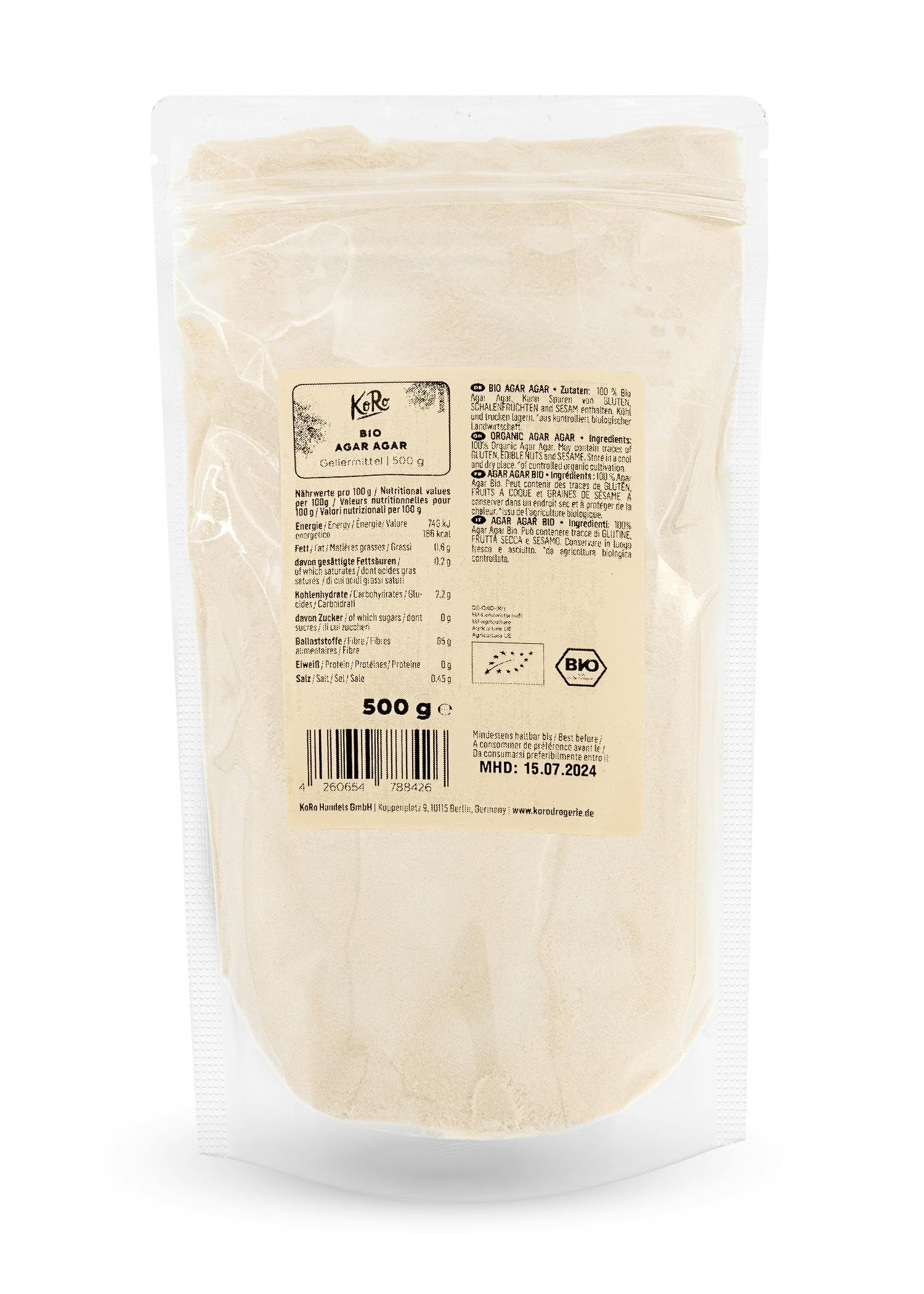 KoRo - Agar Agar bio 500 g - Pur végétal - Parfait pour épaissir et gélifier - Alternative à la gélatine - Extrait d'algues