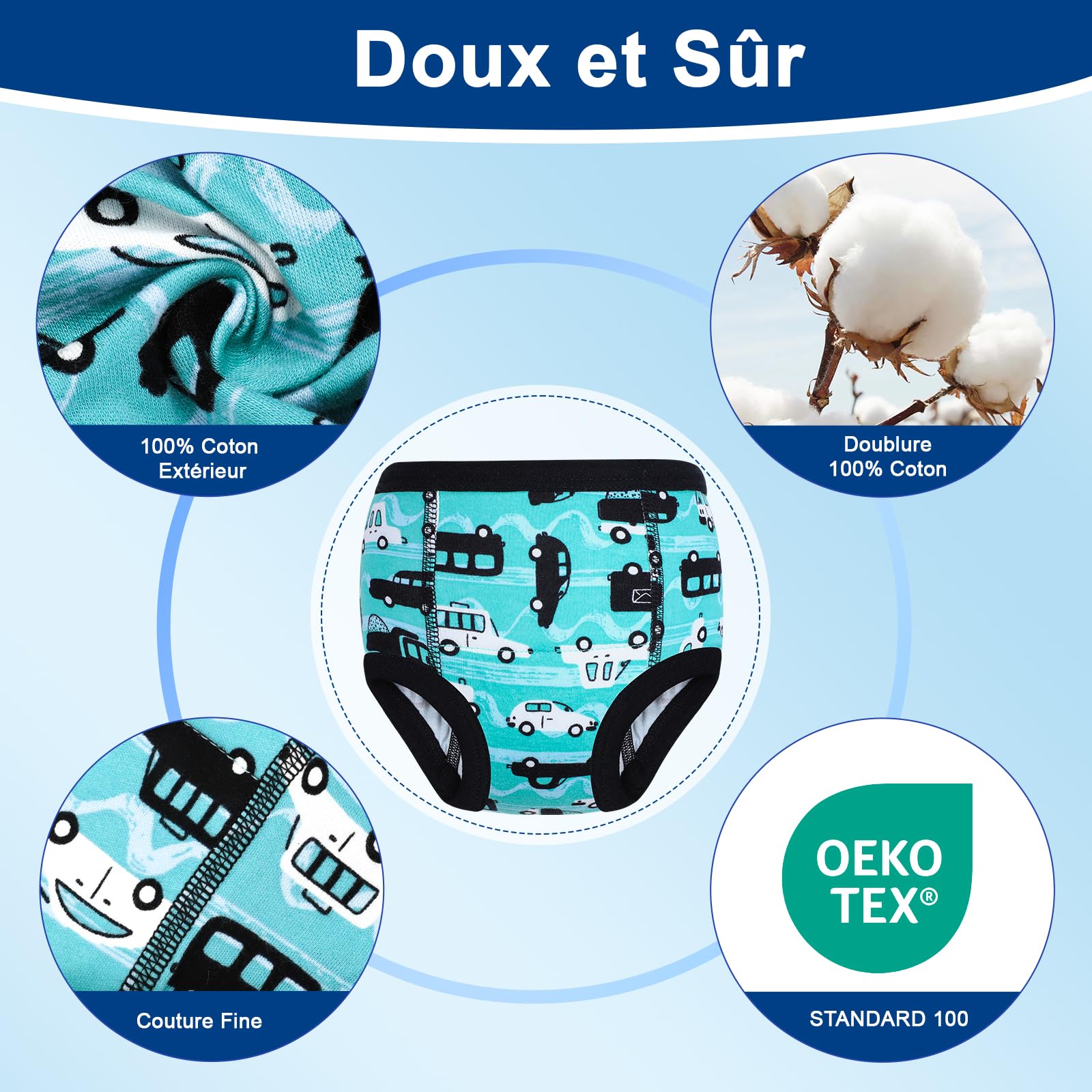 FLYISH DIRECT Culotte Apprentissage Propreté Garcon | Culotte d'apprentissage Enfant en Coton | Absorbant et Lavable 10 paquets, Bleu, 2 ans - 5