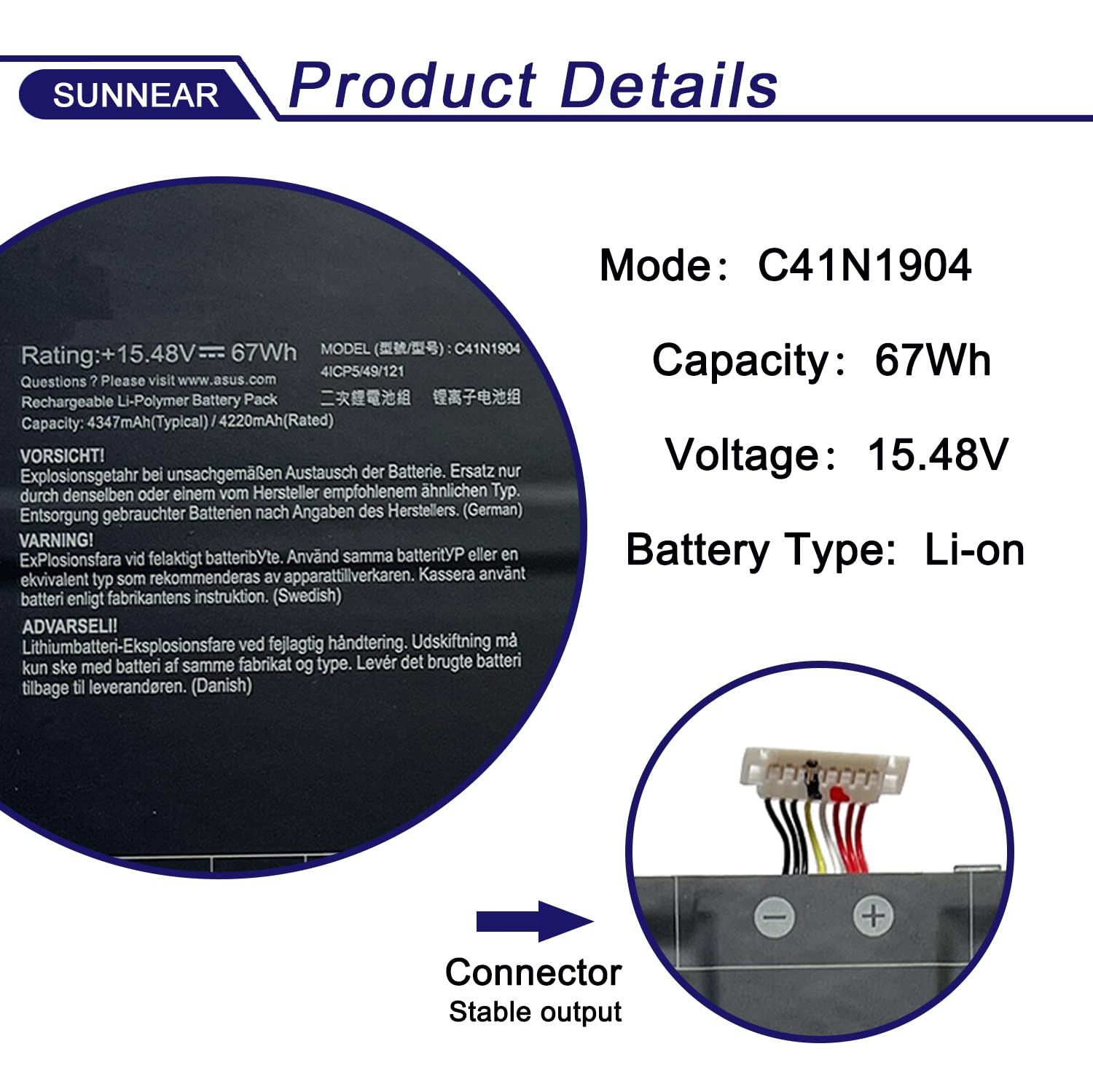 BATTERY バッテリー 19V Amazon.com: SUNNEAR C41N1904 C41N1904-1 Battery Replacement for