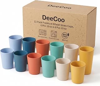 DeeCoo® 12 Pack Premium Wheat Straw Cups, 6 Pcs 20 oz & 6 Pcs 10 oz Unbreakable Drinking Cups, Alternative to Plastic Cups Sets, Reusable Water Glasses Tumbler, Microwave & Dishwasher Safe, Bpa Free