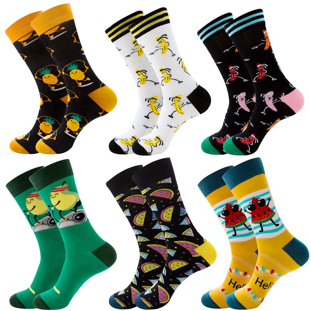 JUNJIL6 PCS Cotton Soft Funny Dress Socks for Men & Women - Fun Novelty Crazy Colorful Patterned Fruits Cartoon Cool Crew Socks, Unisex-Adults, Size 38-45, 6 Count, Multi Color