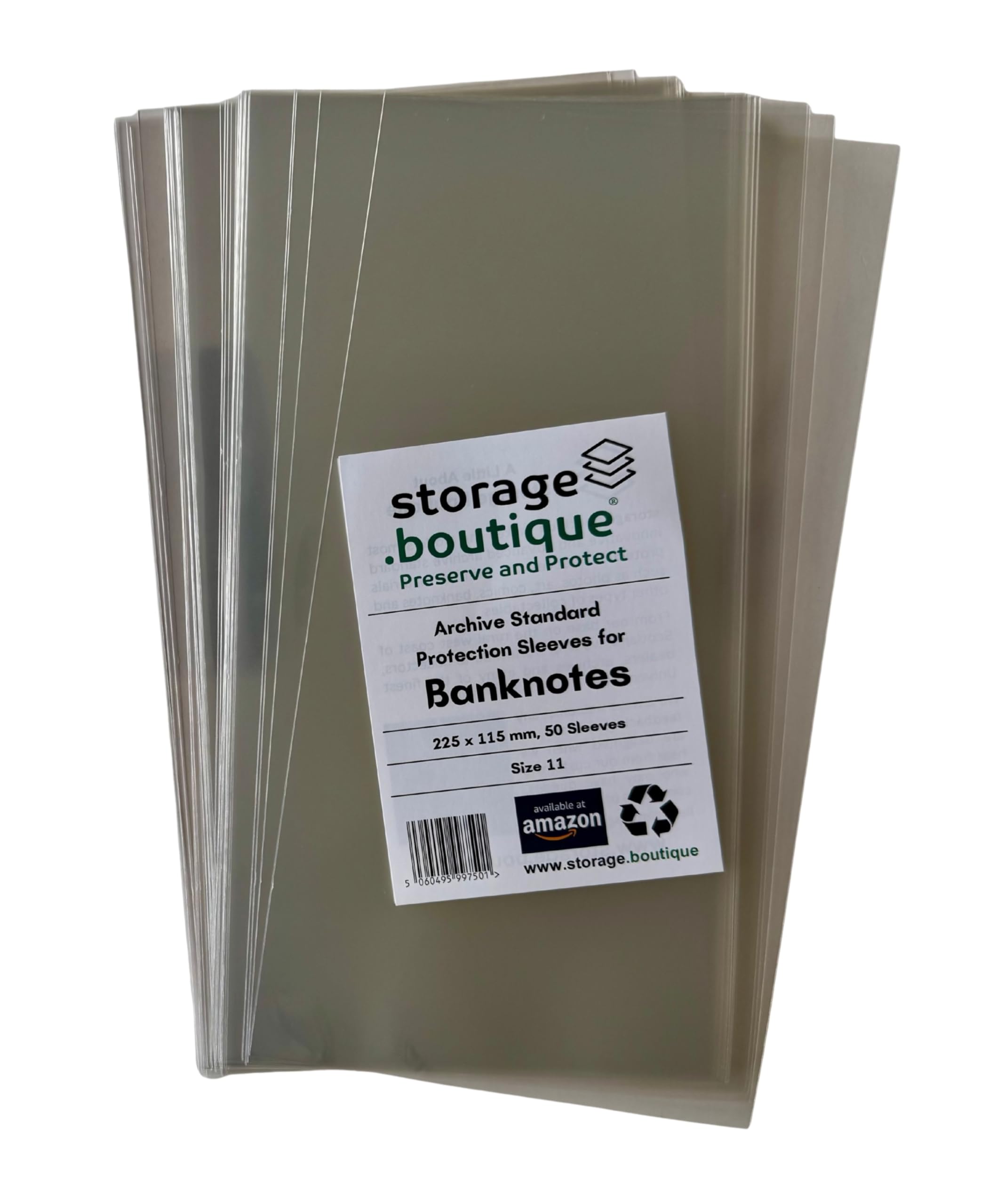storage.boutique BANKNOTE Protection Sleeves, Archive Standard, Acid Free, Size 11, 225 x 115 mm, 50