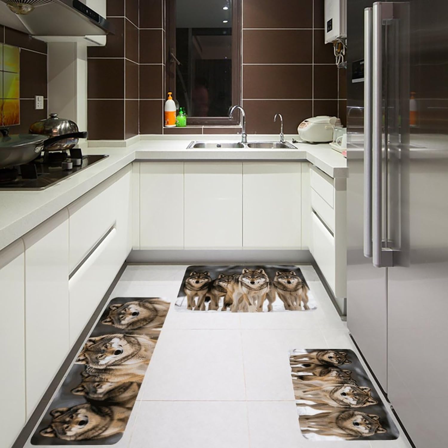 Pack of Wolves Kitchen Mats for Floor 3 Pcs Kitchen Rugs
