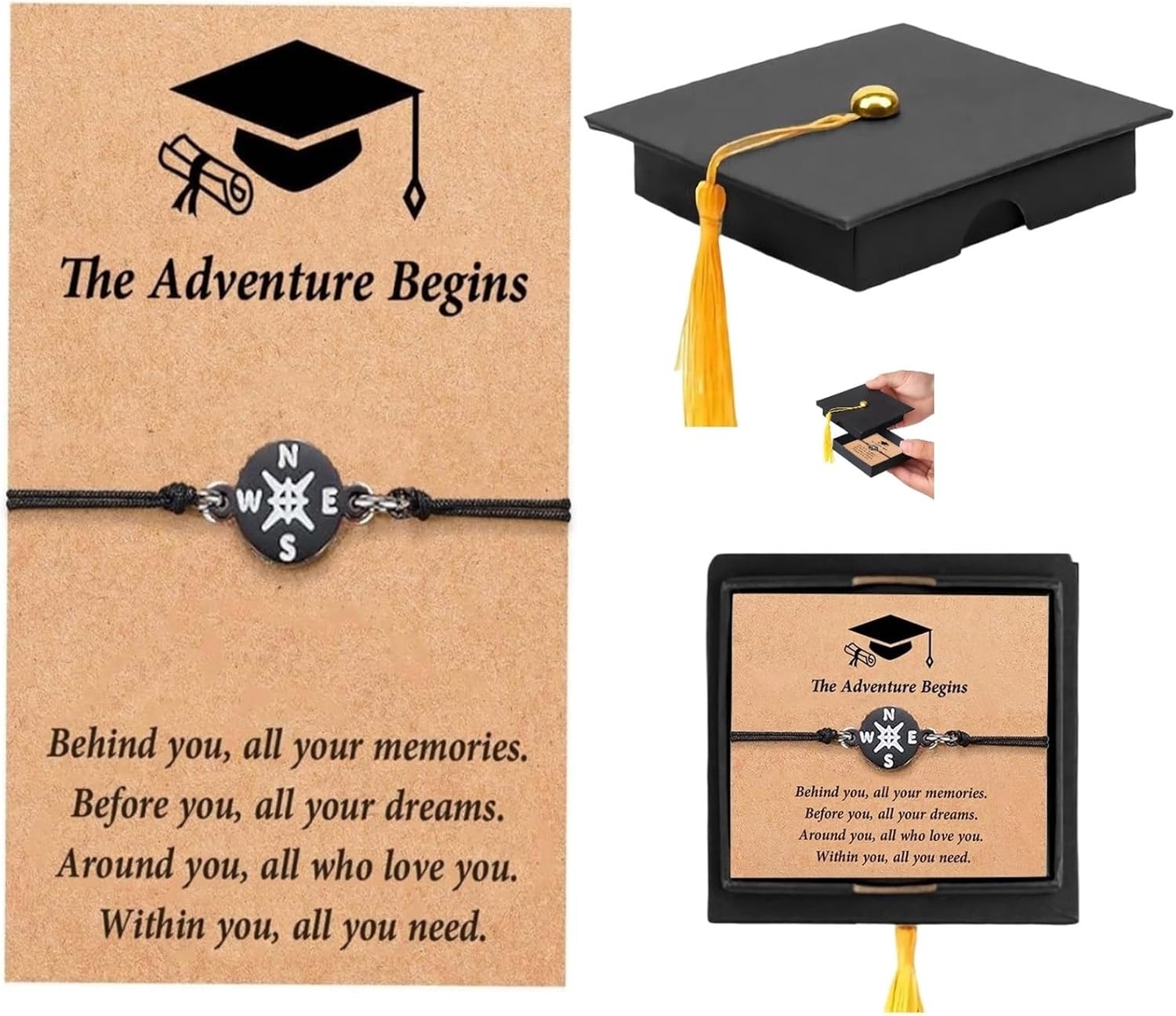 Graduation Compass Bracelet for Class of 2026 Men Woman the Adventure Begins Inspirational Gifts Charm Jewelry with Graduation Cards Cap Box Grad Motivational Bracelets Present for Her Friend