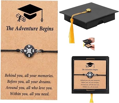 Graduation Compass Bracelet for Class of 2026 Men Woman the Adventure Begins Inspirational Gifts Charm Jewelry with Graduation Cards Cap Box Grad Motivational Bracelets Present for Her Friend