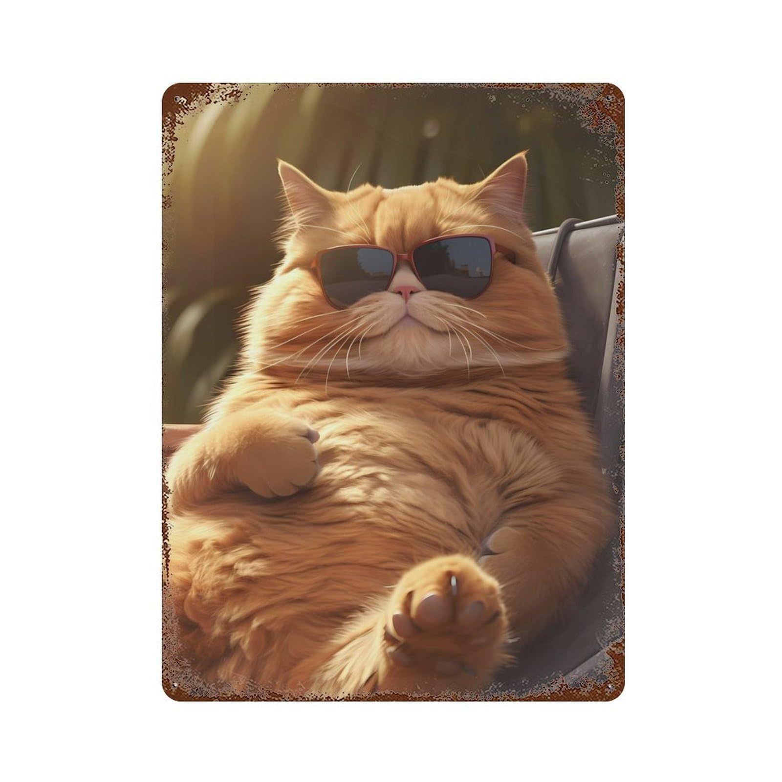 Fat Cat Chilling Glasses Rust Effect Tin Sign 15.7"x11.8", Ideal for Farmhouse, Kitchen And Entryway Decor