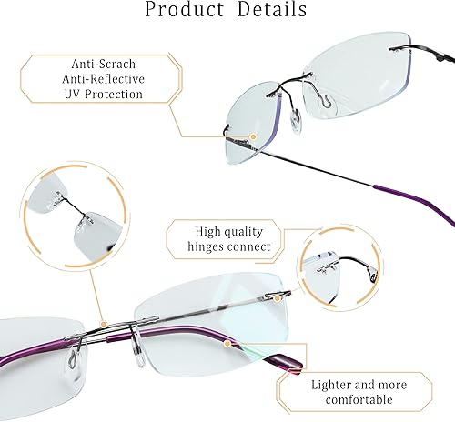 Miniatura 2 de LifeArt Lentes de bloqueo de luz azul, anteojos de lectura para computadora, anti rayos azules, reducen la fatiga ocular, marco sin montura tintada