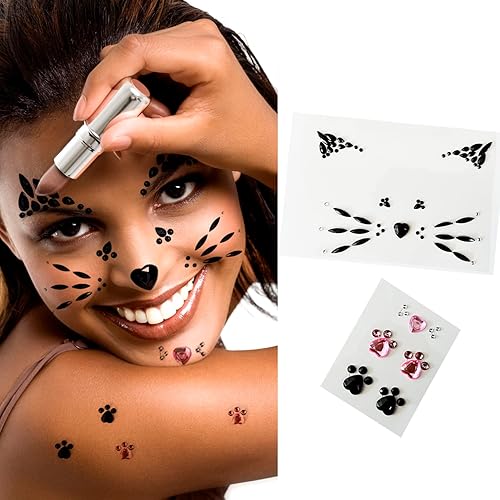 Miniatura 6 de Tatuaje de joyas para la cara del Día de los Muertos, tatuajes temporales para la cara, joyas faciales con diamantes de imitación, calcomanías de