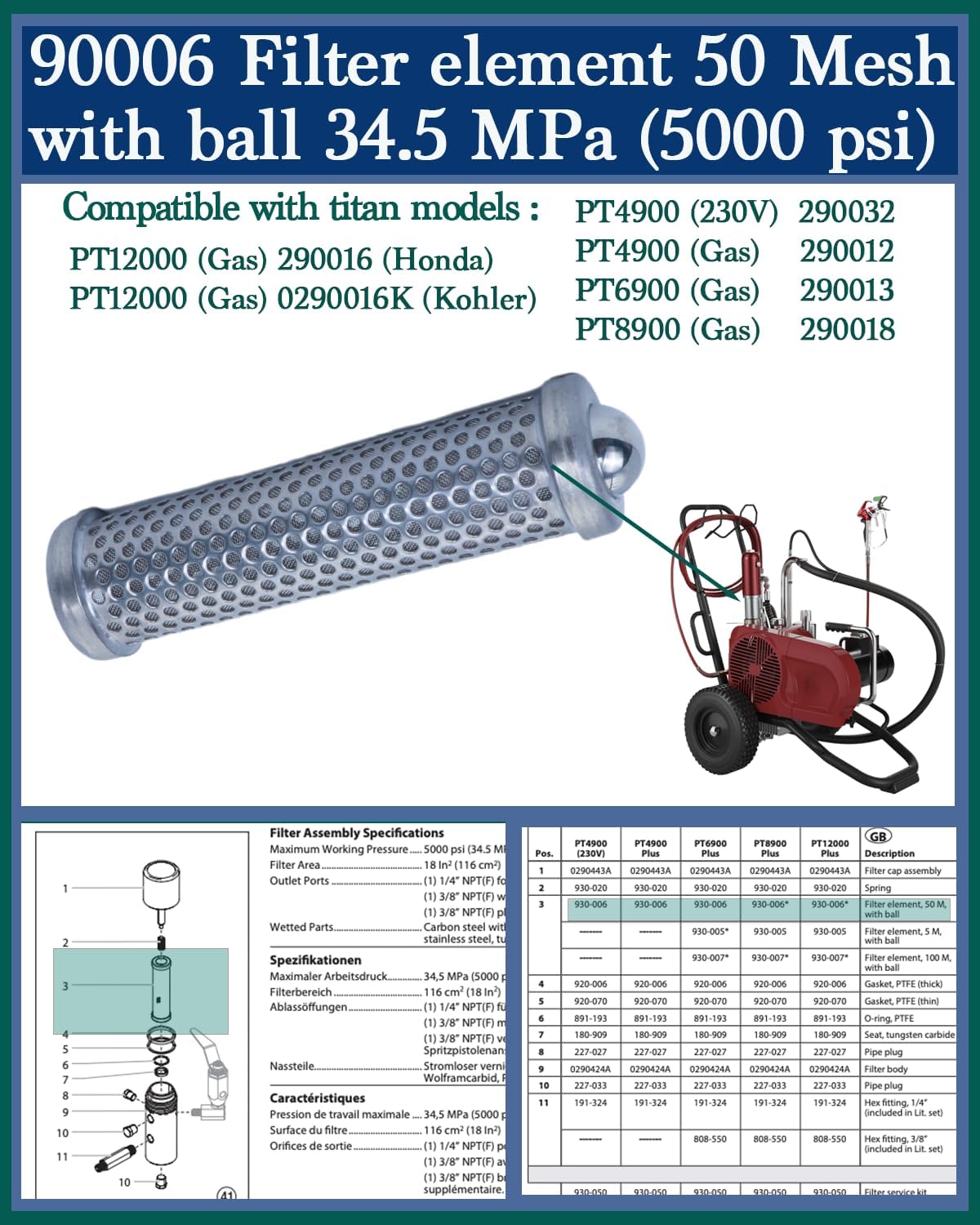 930-006 50 Mesh 5000 PSI Pump Manifold Filter with Ball – Compatible with Titan PowrTwin 4900, 6900, 8900, 12000 Plus, and PowrBeast 4700, 7700, 9700 Paint Sprayer Filter