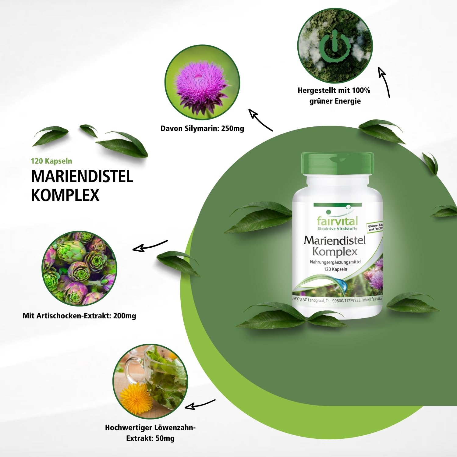 fairvital Mariendistel Komplex, 120 Kapseln mit Artischocke + Löwenzahn, Bitterstoff-Kapseln, 100% vegan