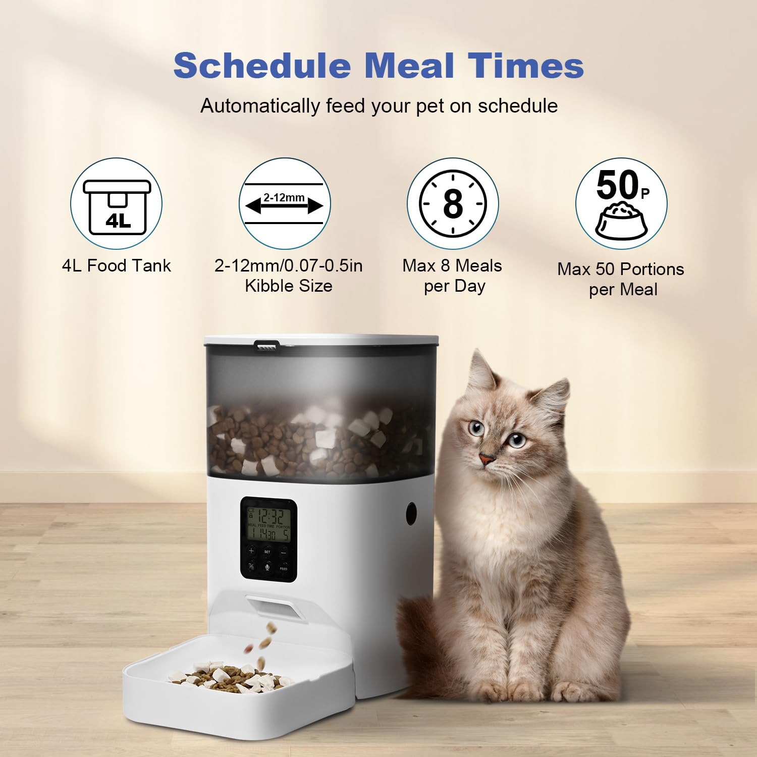 Automatic Cat Feeder, 4L Cat Food Dispenser with 10s Voice Recorder, Pet Feeder up to 8 Meals per Day, Timed Dog Feeder with Dry Food Sealed Ring (White, 4L-Basic)