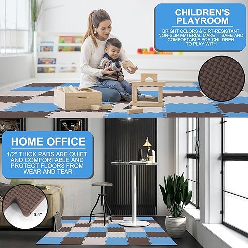 Miniatura 3 de BalanceFrom Puzzle Play Mat, 36 piezas de azulejos de espuma entrelazados, azulmarrónbeige  Alfombras de suelo de azulejos para sala de juegos