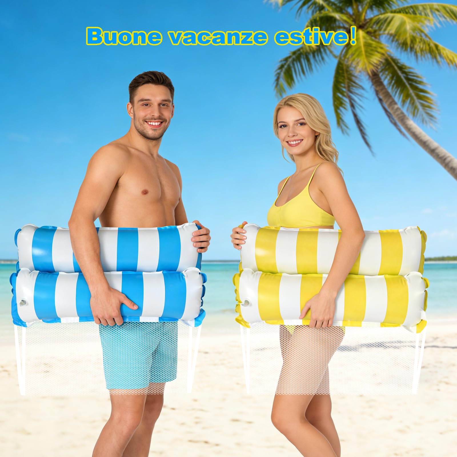 GOLDGE 2 Pezzi Materassino Mare, 4 in 1 Multiuso Piscina Gonfiabile, Amaca Galleggiante Gonfiabile per Adulti da Spiaggia e Piscina (Blu e Giallo)