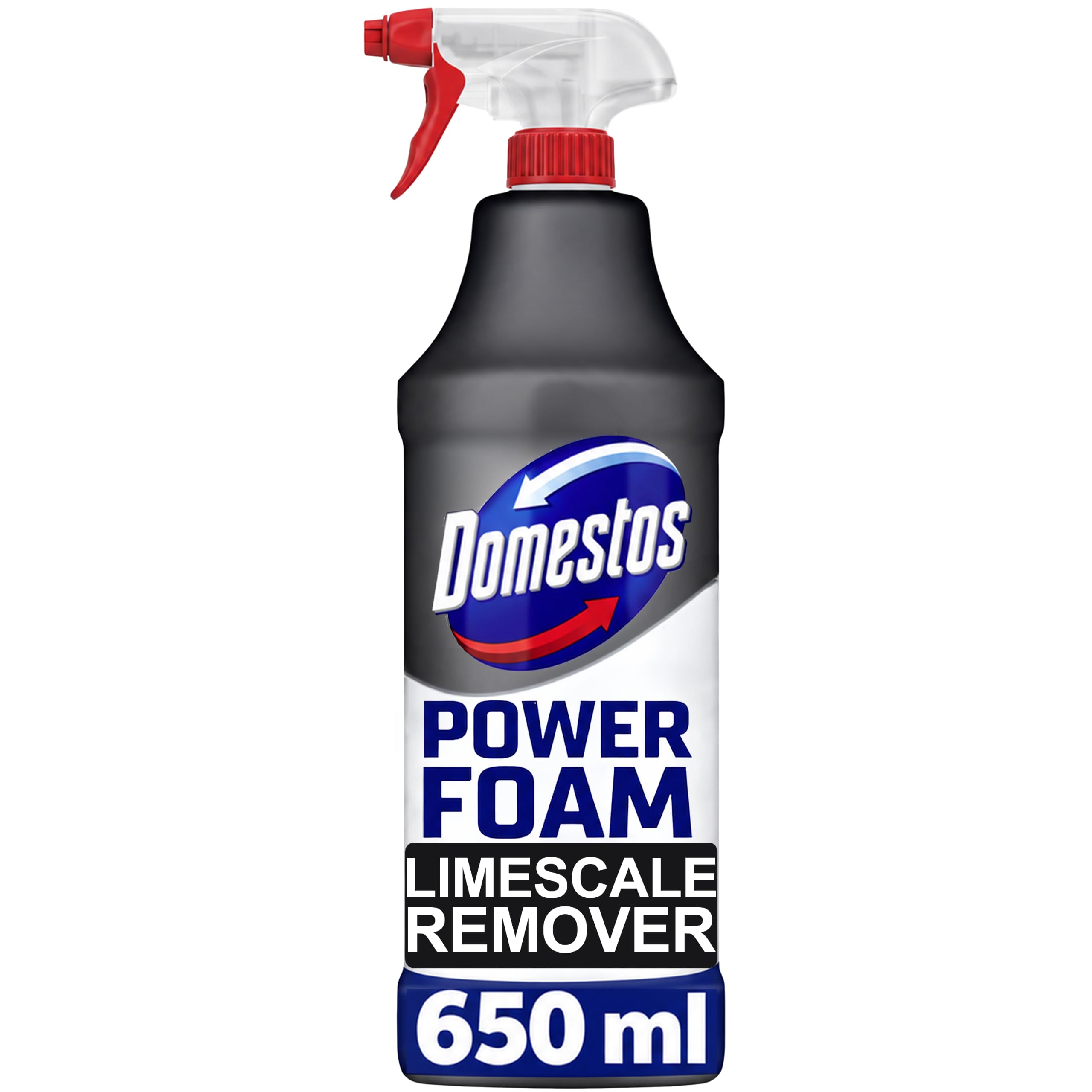 Domestos Power Foam Limescale Remover Toilet & Bathroom Cleaner Spray sprays upside down & eliminates 99.99% of germs* for 100% limescale removal inside the toilet & around the bathroom 650 ml