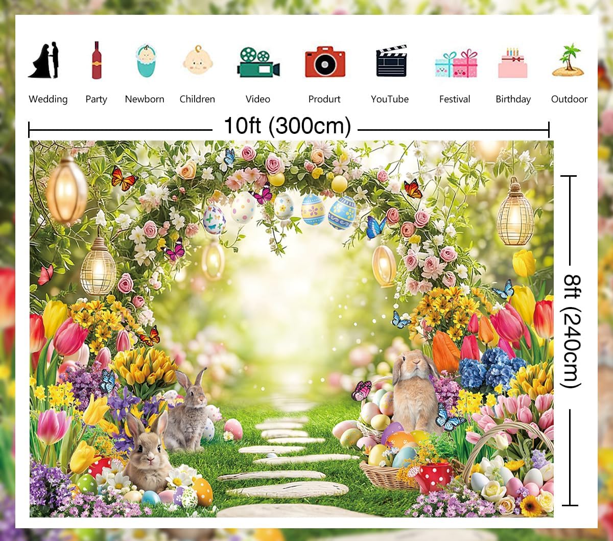 Spring Easter Photography Backdrop Enchanted Garden Arch Floral Rabbit Colorful Eggs Background for Spring Easter Theme Birthday Party Decorations Supplies (10x8FT: 120x96 inch)