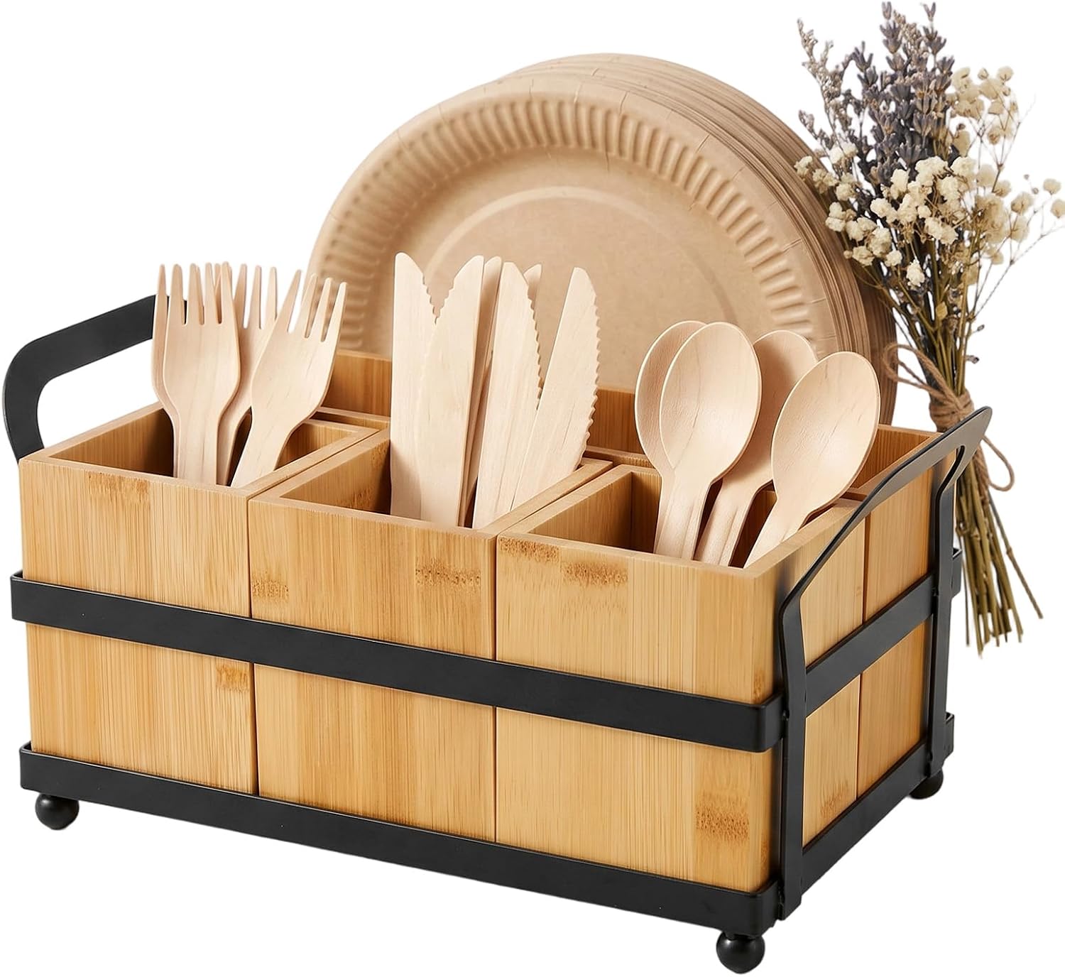 Silverware Caddy with 4 Removable Bamboo Compartments, Wood Utensil Holder & Paper Plate Dispenser for Countertop Organizing, Flatware, Spoons, Forks, Parties, BBQs, Picnics
