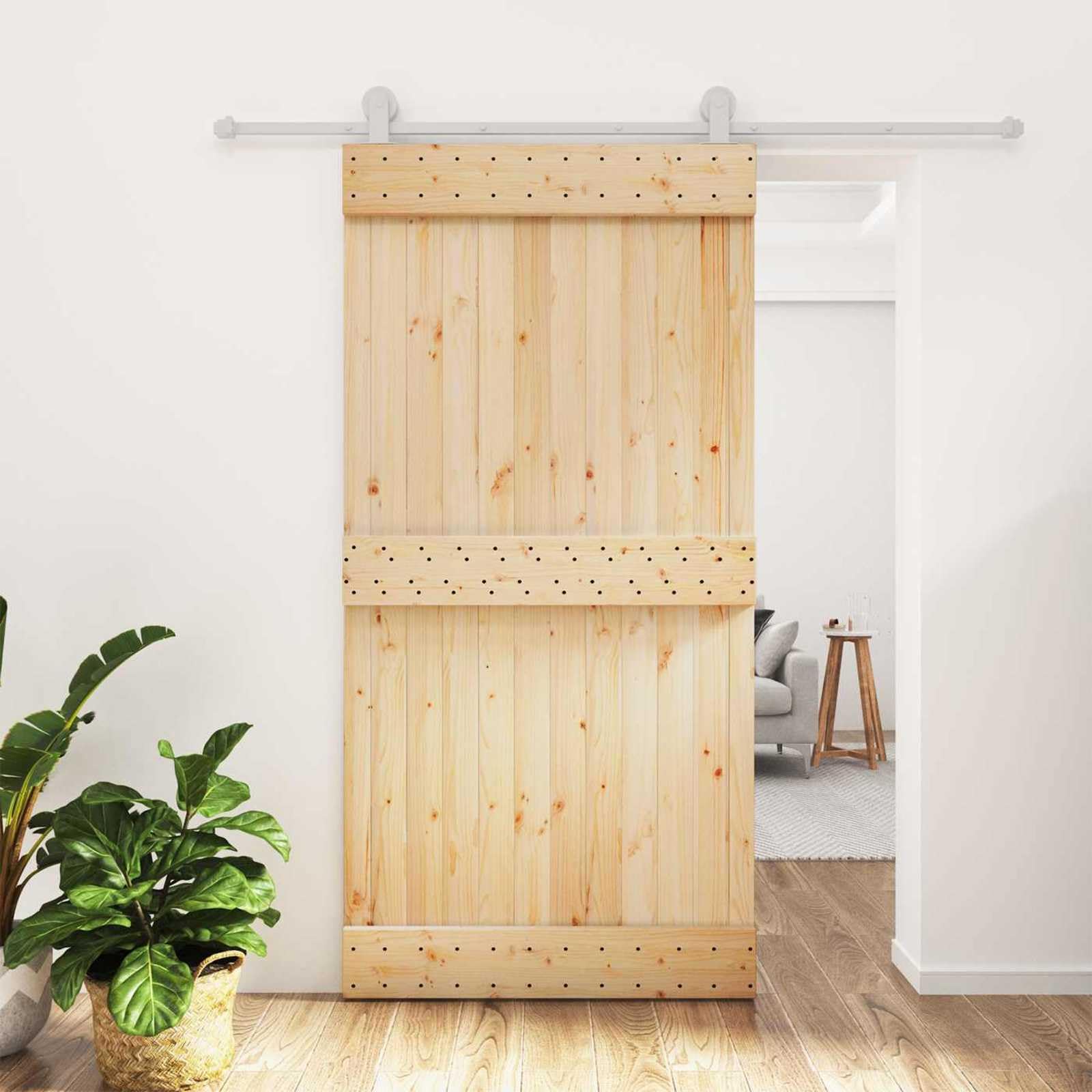 Porte Coulissante en Pin Massif, 100 x 210 cm, Finition Naturelle