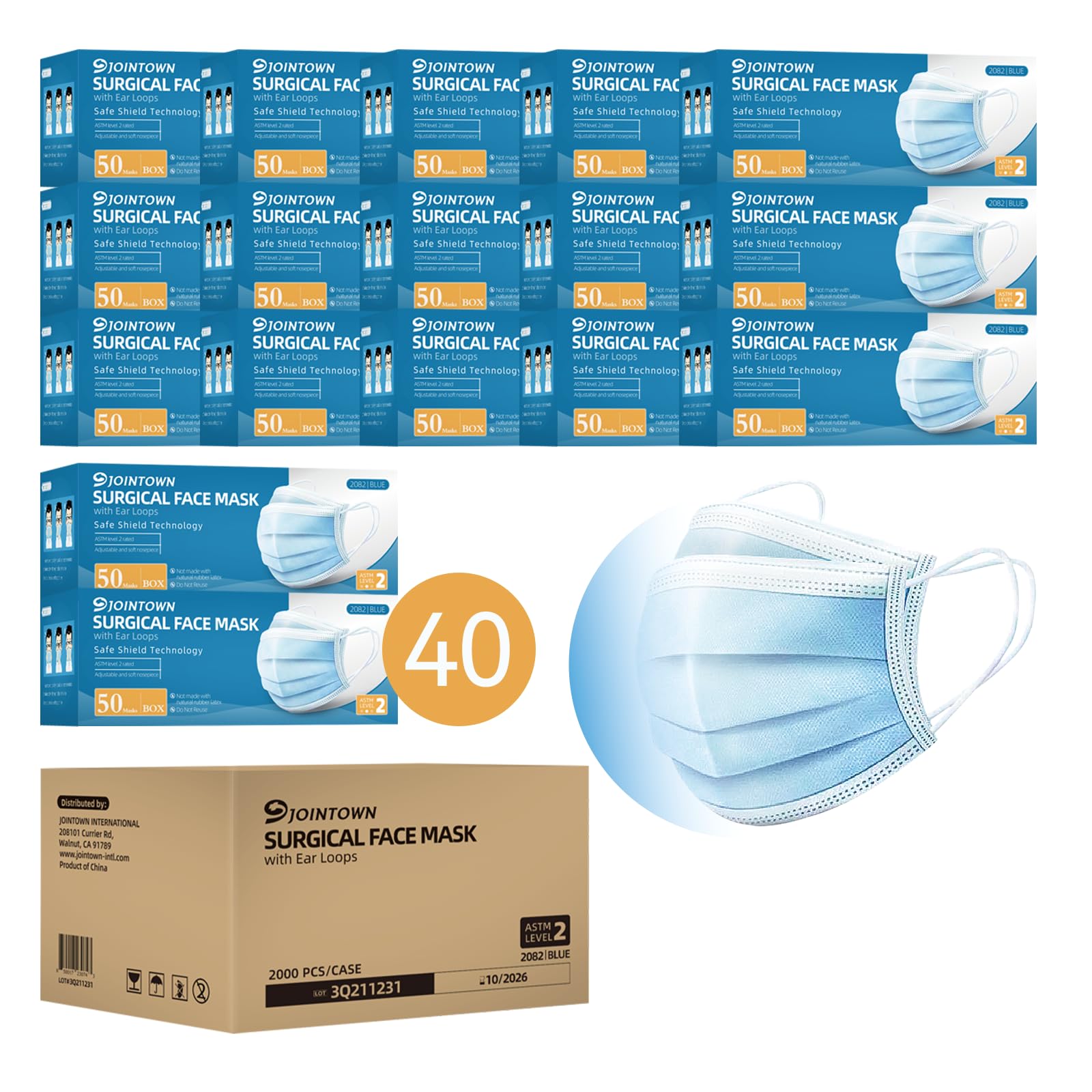 Jointown Disposable Face Masks, ASTM Level 2 Surgical Mask with 3 Ply Protection & Elastic Earloop, 2000 Pack Blue