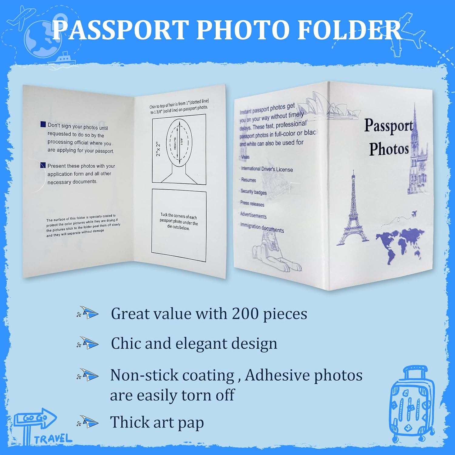 200 Pack Passport Photo Holder with Closed Design, Thick Paper with Glossy & Matte Coating, 5.31x3.54 Inches, 2 Slots for Passport Photos - for Office, Travel & Customer Delivery