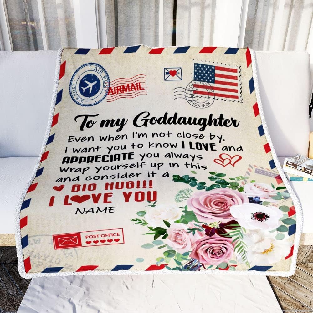 Personalized to My Goddaughter Blanket from Godmother Floral Air Mail Letter I Love You Goddaughter Birthday Christmas Customized Fleece Throw Blanket (30 x 40 in Baby Size)