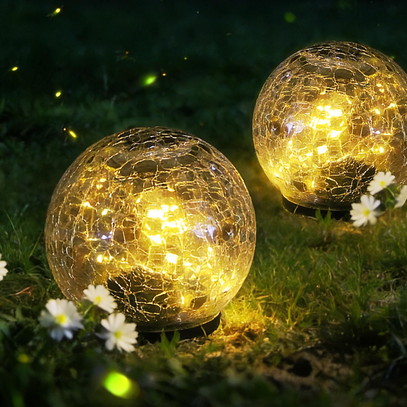 2 Pack Solar Path Lights Outdoor, Cracked Glass Globe with Light Control, IP67 Waterproof Solar Garden Lights, Warm Yellow & 4-Color LED Ball Lights for Yard, Patio, Lawn & Holiday Decor