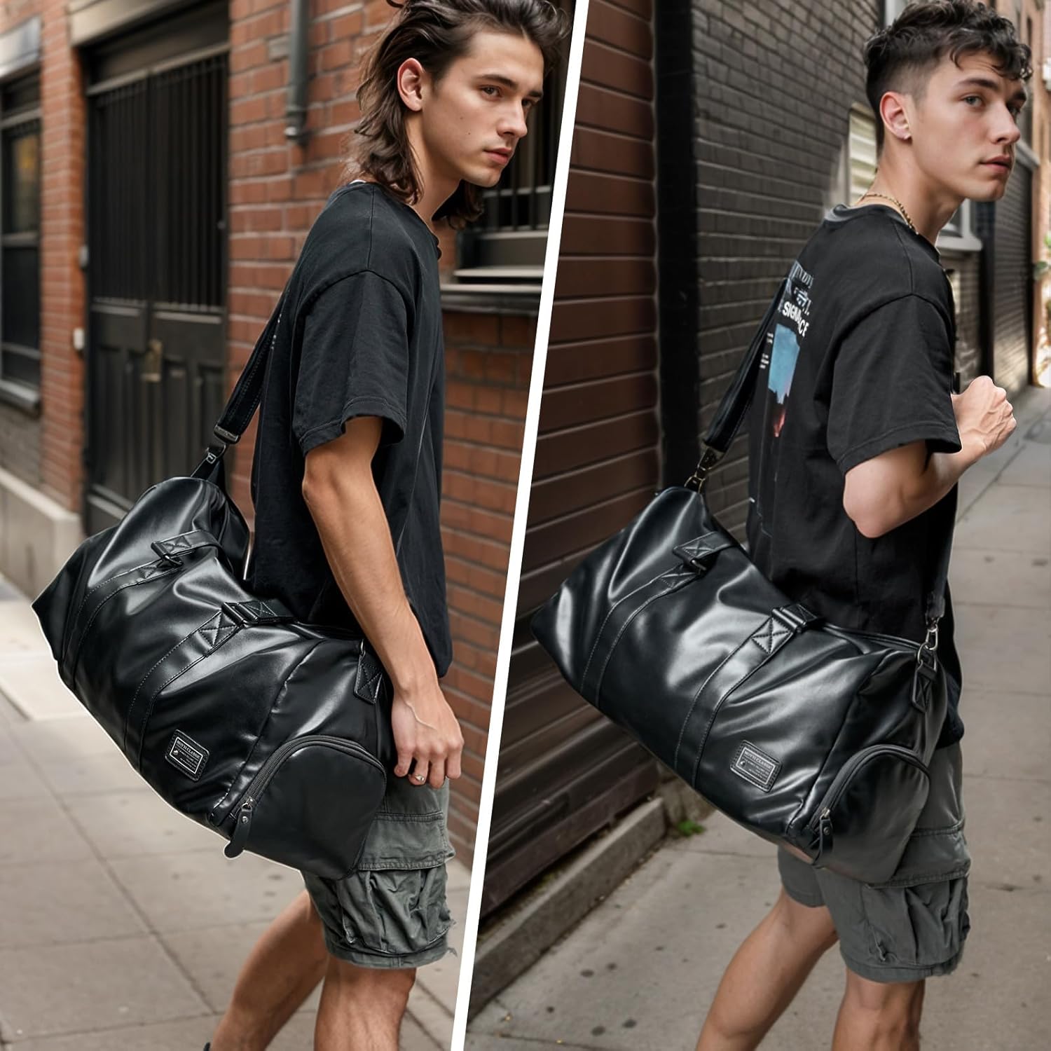 Leather Duffel Bag Men Adjustable Shoulder Strap Leather Travel Gym Bag with Shoe Compartment for Weekend Travel Overnight Sports, Black, 32L