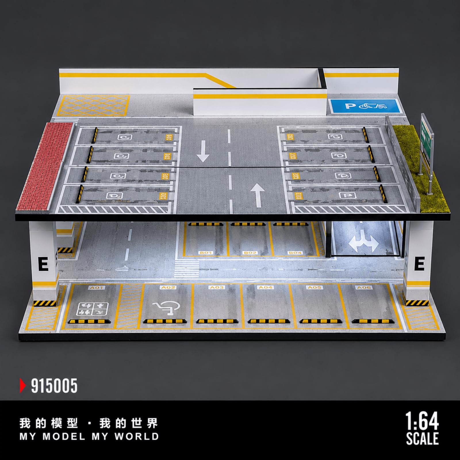 Miroir diorama 1:64 modèle de garage, modèle de scène de voiture moulé sous pression, éclairage LED pour stationnement de ville, modèle de bâtiment (garage 05)