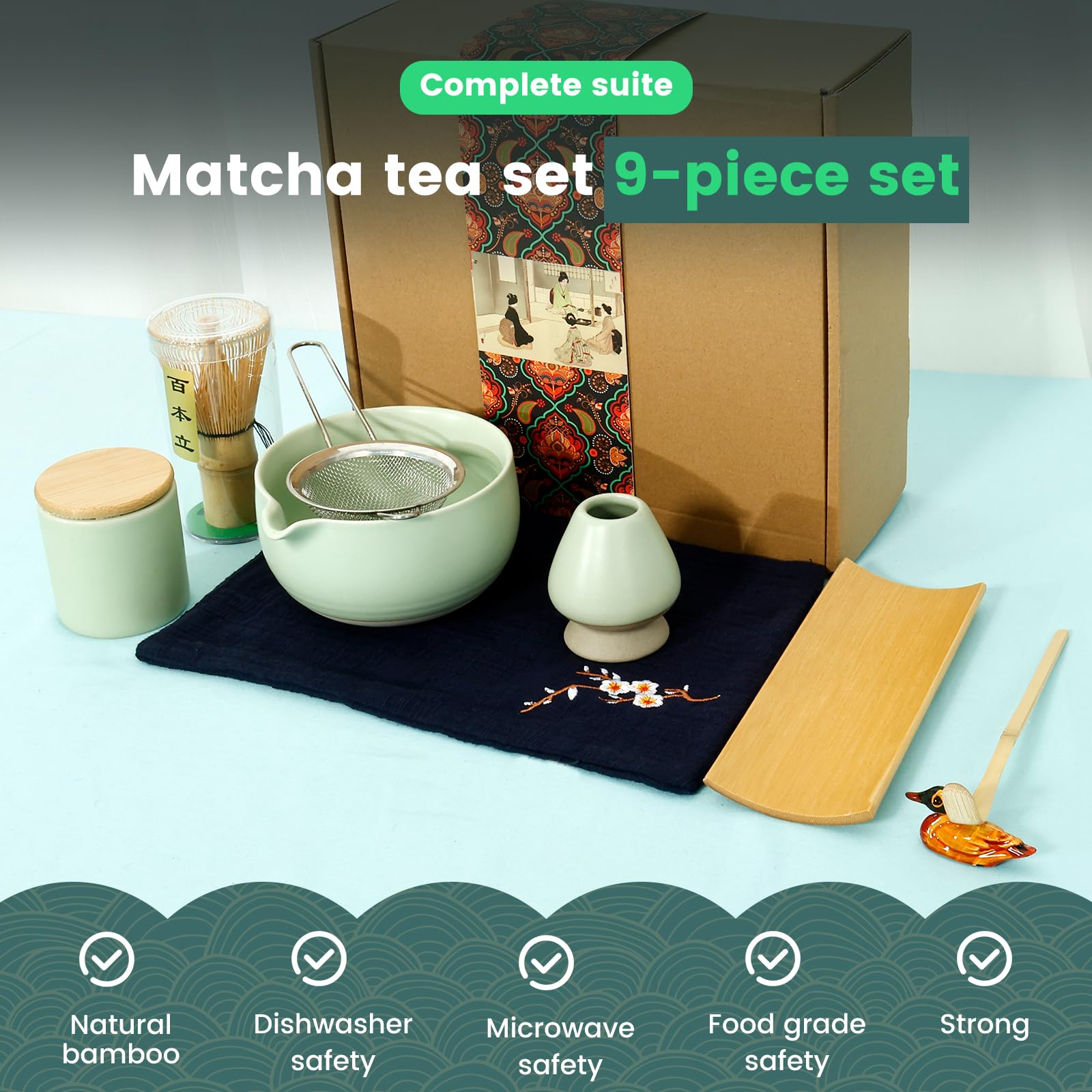 Matcha Set, 9 Stück Schneebesen Set Teelöffel Besenhalter Löffelhalter Schüssel Küchenhandtuch Sieb und Pulverbox Japanisches Matcha-Zeremonie-Zubehör (9 Zoll)