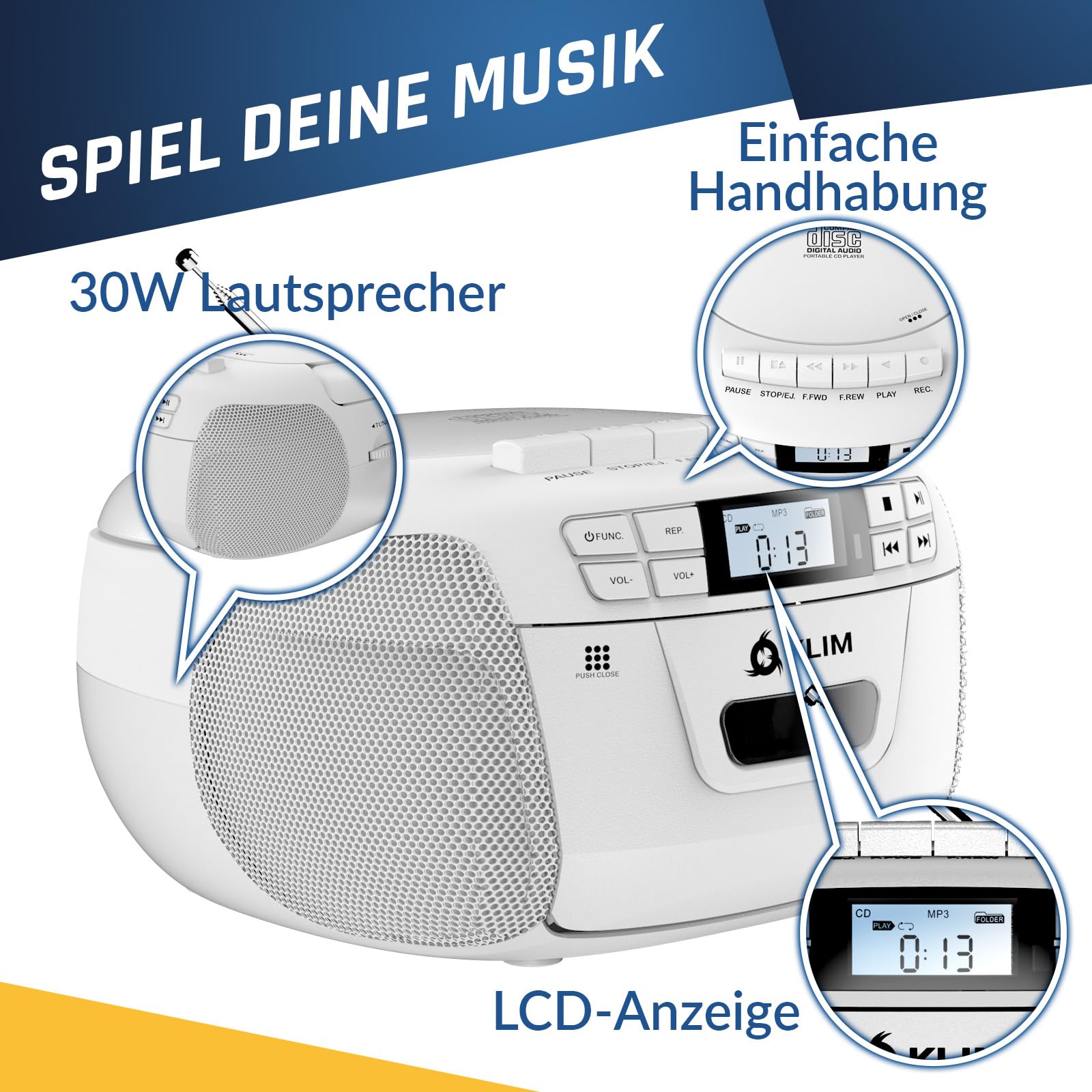 KLIM CD Player mit Kassette, Kassettenspieler, Kassettenrekorder, Radio mit CD und Kassette, CD Player mit Radio & USB, Bluetooth CD-Player, AM/FM Radio, Netz- und Batteriebetrieb - Weiß
