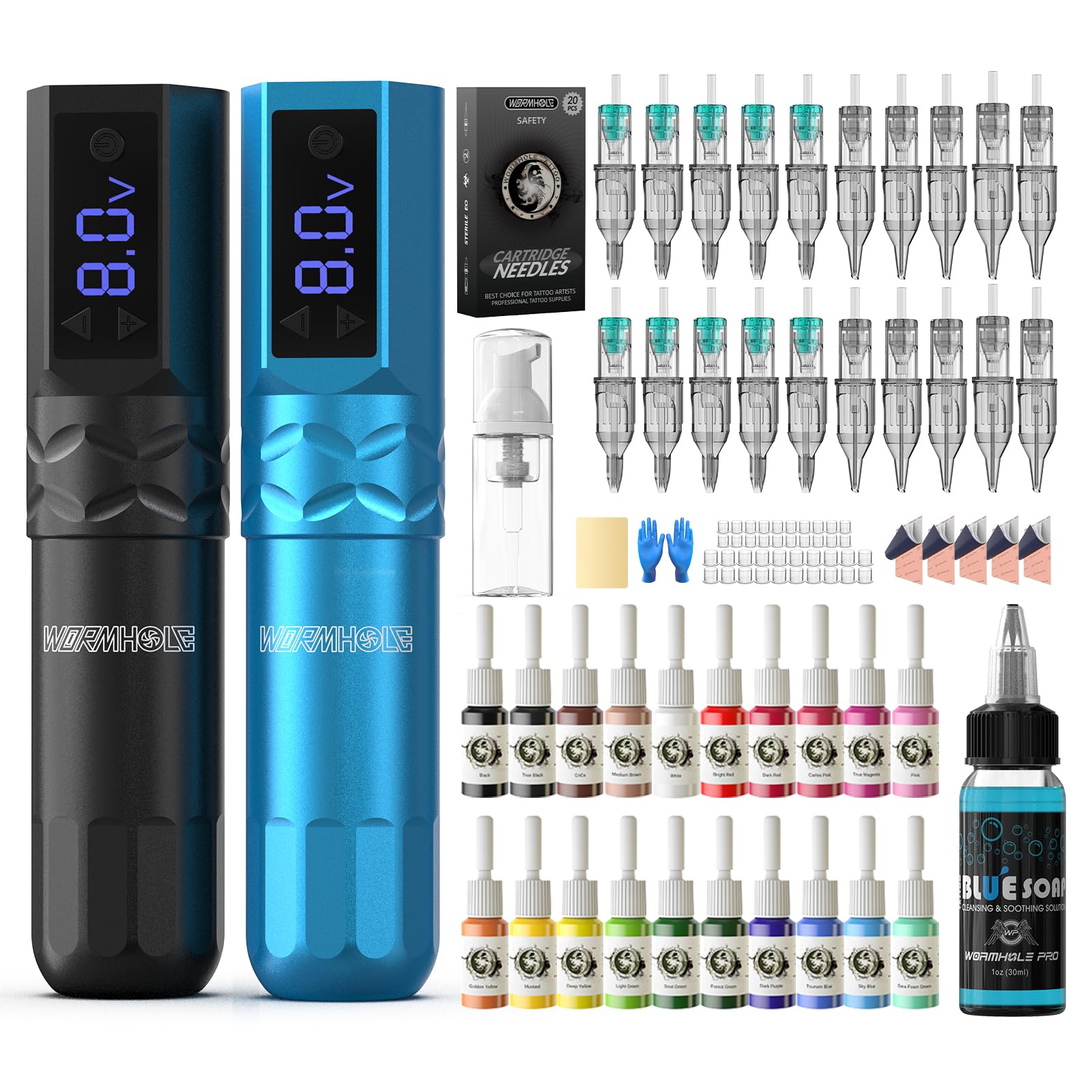 Wormhole Tattoo Kit Wireless Tattoo Gun Kit 2pcs Cordless Tattoo Pen 20pcs Tattoo Cartridge Needles Complete Tattoo Machine Kit for Beginners WTK378