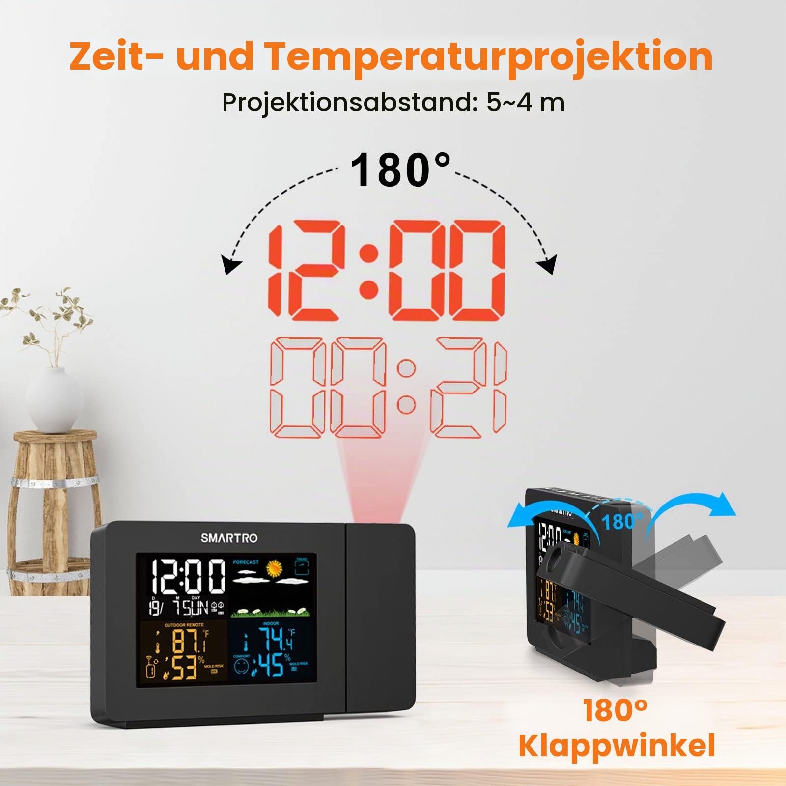 SMARTRO SC91 Projektionswecker für Schlafzimmer mit Wetterstation, Innen-Außenthermometer, Temperatur-Luftfeuchtigkeits-Monitor-Anzeige Hygrometer