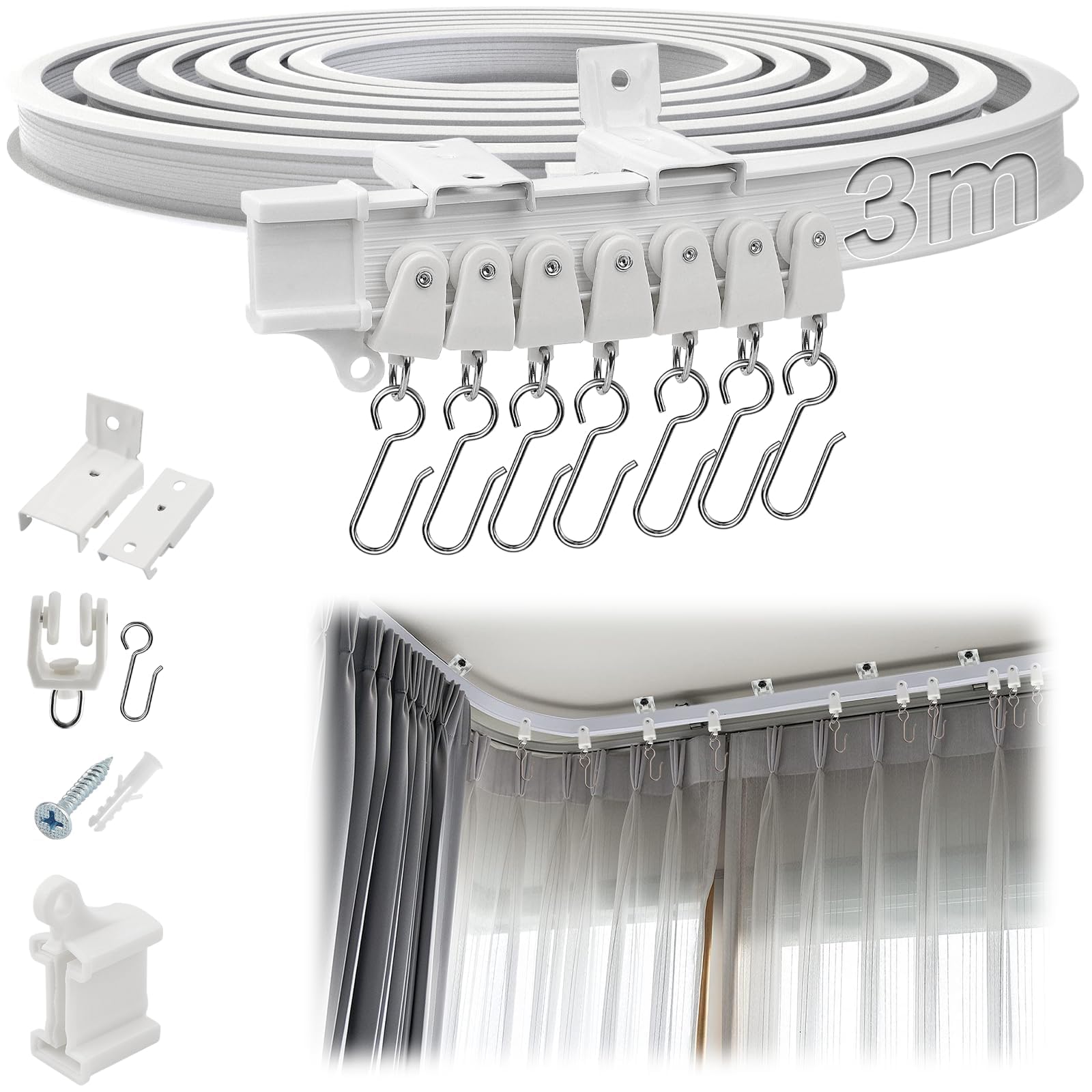 SWTYExt Binario Tenda Soffitto 3m Binario per Tende a Soffitto Flessibile Bianco PVC con Pulegge Silenziose per Separazione Degli Ambienti Camera da Letto Tende Balcone Ufficio Camper