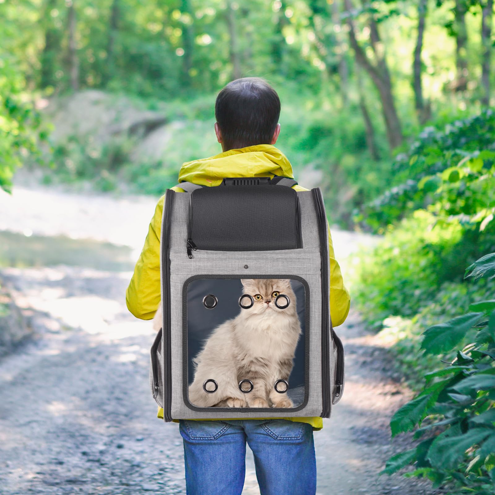Zaino Trasportino per Gatti Grandi fino a 15 kg e Cani fino a 12 kg, Finestra in Acrilico Trasparente, Grigio