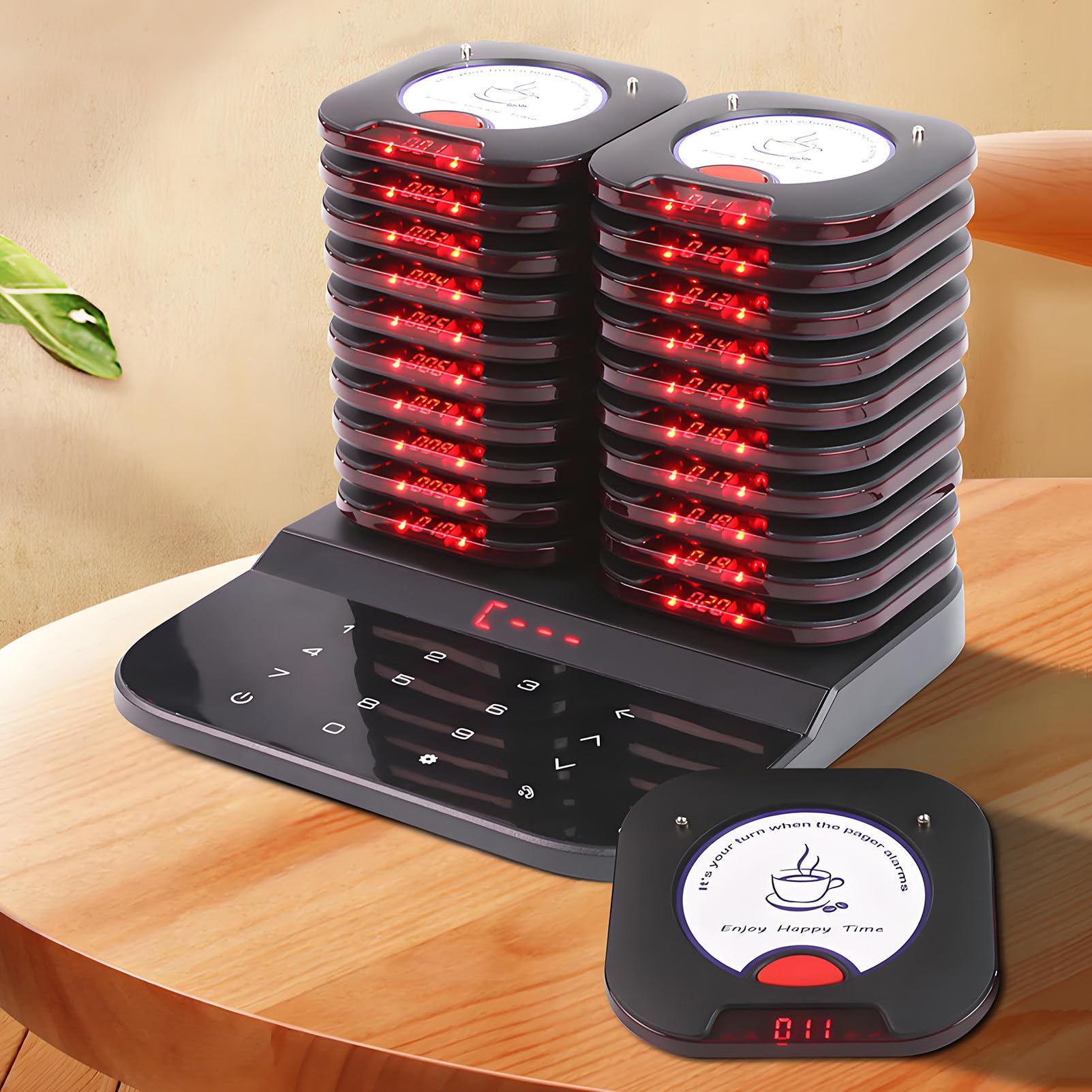 Buscapersonas para Restaurantes, Llamador de Mesa Hosteleria 20 Pagers, Teclado Táctil, Batería de 300 Mah y Alertas de Zumbido, Vibración y Luz, para Camiones de Comida, Cafeterías