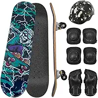 Skate Infantil Completo Com proteção, 7 Lâminas de Madeira, Design Radical com Arte emAzul e Preto, Montado com Lixa para Iniciantes
