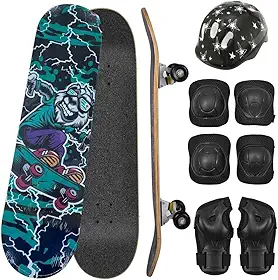 Skate Infantil Completo Com proteção, 7 Lâminas de Madeira, Design Radical com Arte emAzul e Preto, Montado com Lixa para Iniciantes