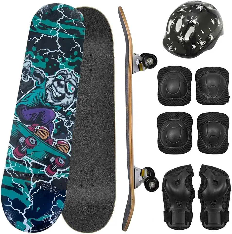 Skate Infantil Completo Com proteção, 7 Lâminas de Madeira, Design Radical com Arte em Verde e Preto, Montado com Lixa para Iniciantes