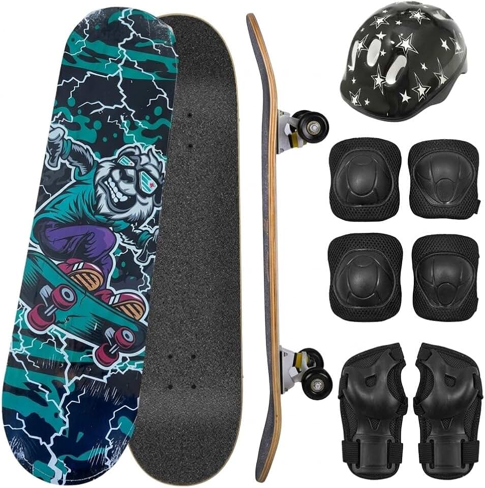 Skate Infantil Completo Com proteção, 7 Lâminas de Madeira, Design Radical com Arte em Verde e Preto, Montado com Lixa para Iniciantes