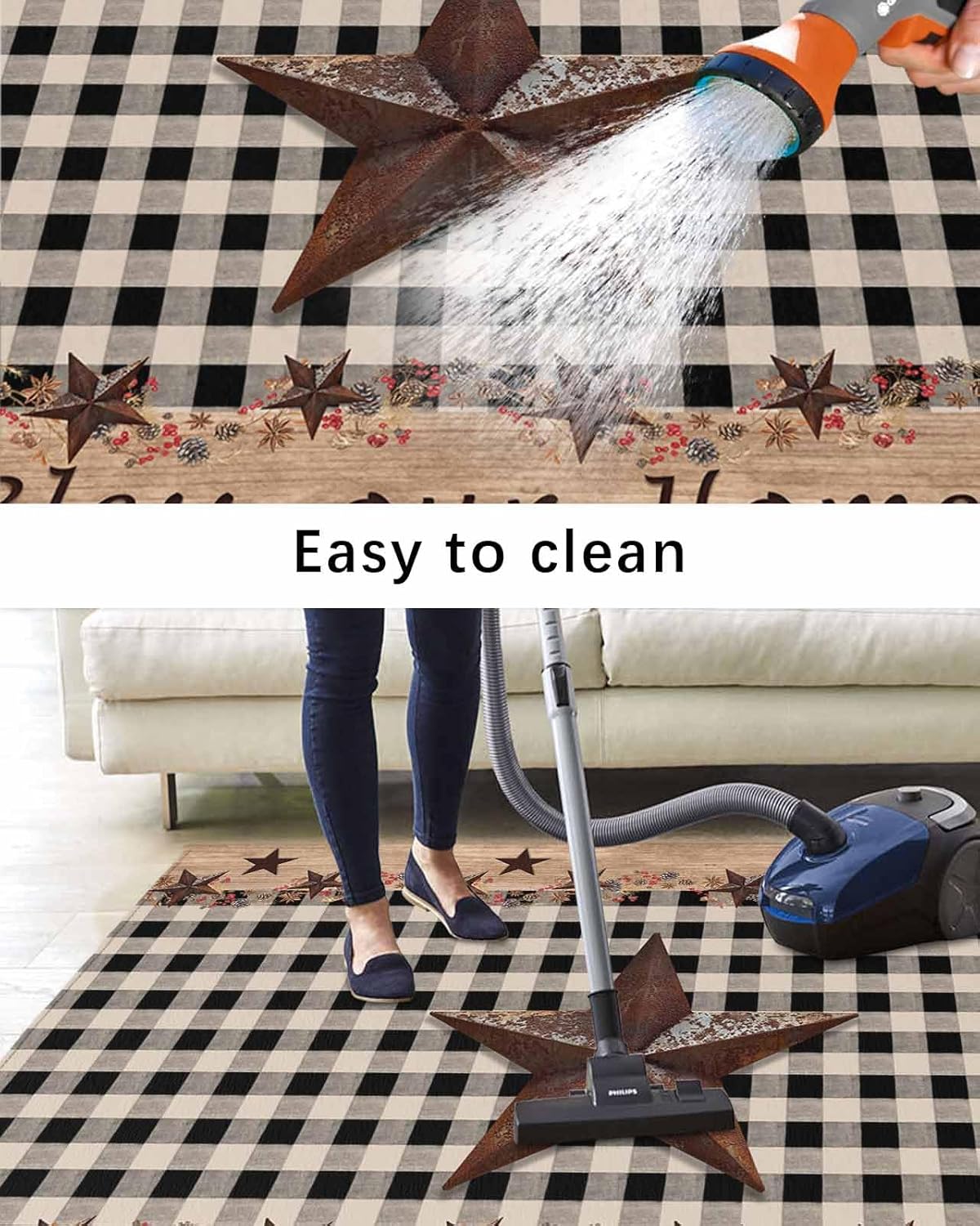 Outdoor Rug 4x6 ft Bless Our Home Outdoor Large Area Rug Non Slip Rubber Texas Star Black Buffalo Plaid Front Door Mat RV Rug Camping Carpet Patio Outdoor Rugs for Backyard Balcony Deck Porch Indoor