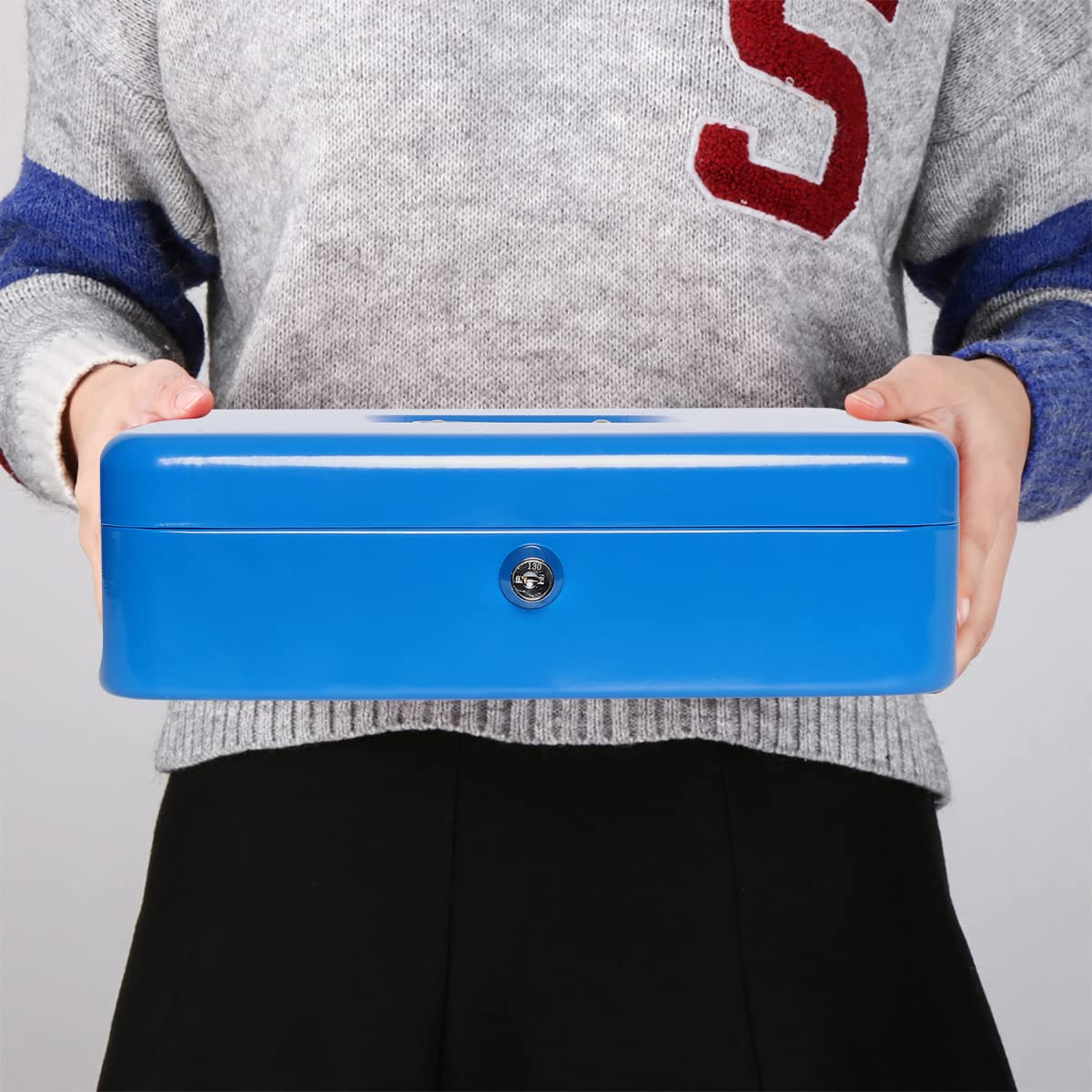 Caisse à monnaie en métal durable avec serrure à clé, avec bac à billets, boîte de rangement sécurisée avec câble de sécurité, bleu