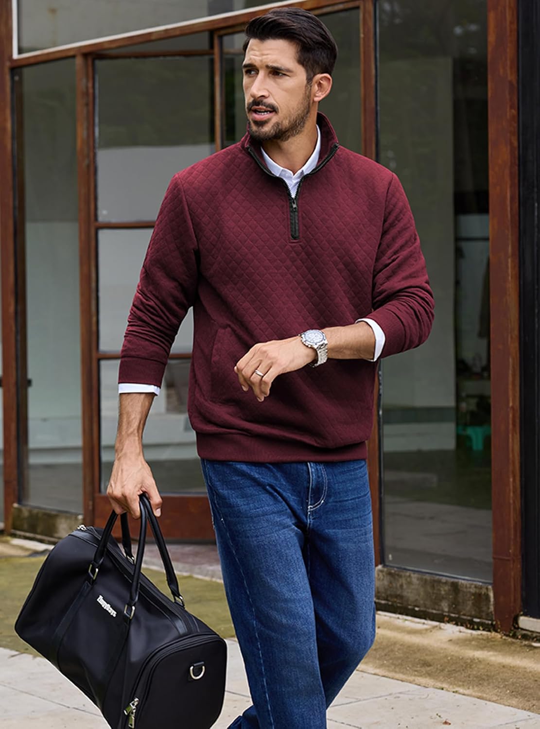 URRU Men’s Quarter Zip Pullover Quilted Sweater Long Sleeve Mock Neck Polo with Pocket - Image 3