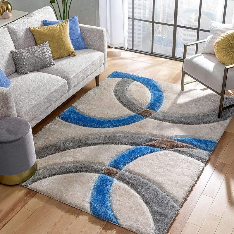 Image of Shaggy Carpet for Home 7X10 FEET Ultra-Soft, Thick, and Stylish Shag Texture Ideal for Living Room, Bedroom, or Office - Easy to Clean and Perfect - Blue Gray White,