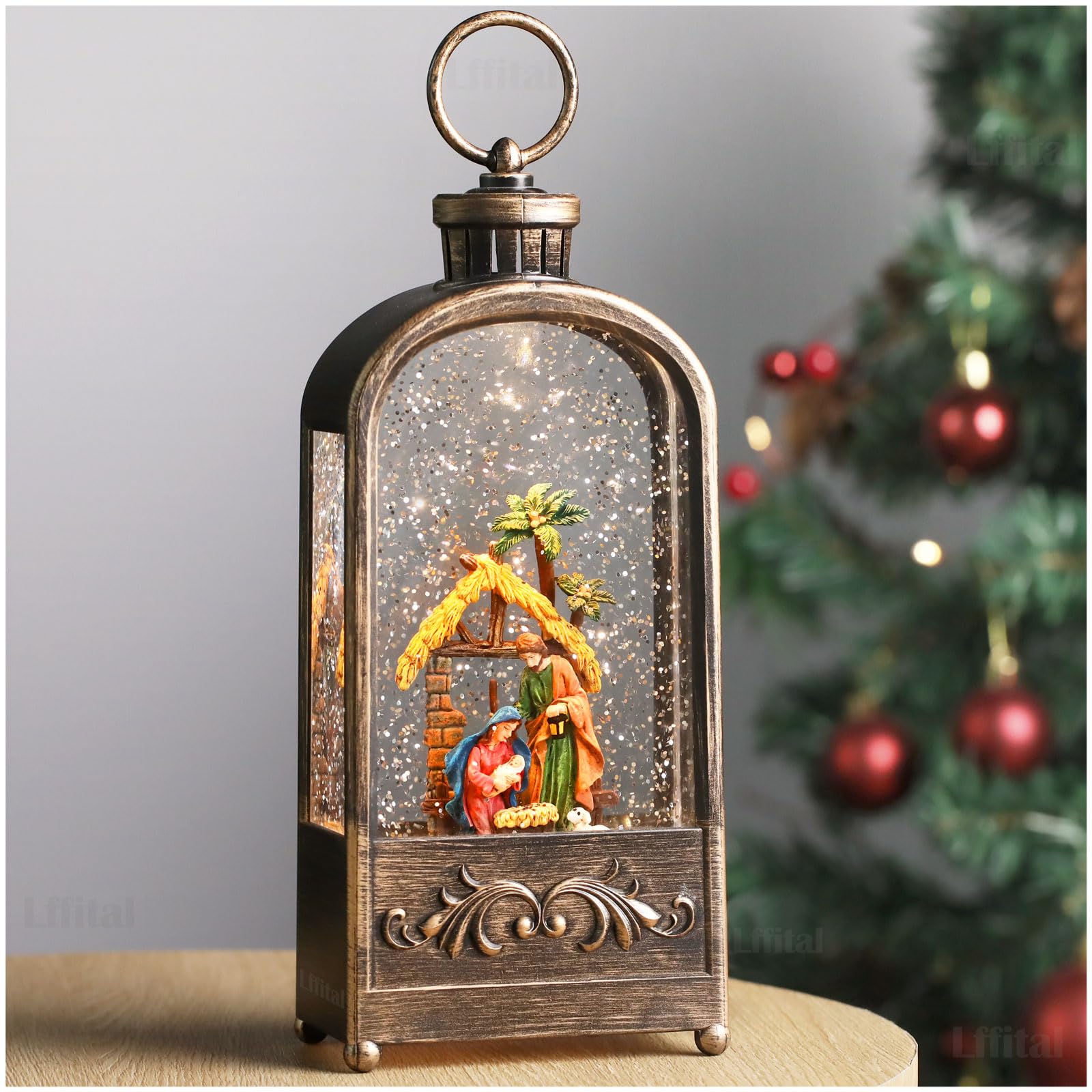 Nativity Snow Globe Lantern Christmas Manger Scene Snow Globe Glitters Jesus Decoration Indoor, Musical Snowing Globe Festival Holiday Snow Lantern Battery Operated USB Powered 11In