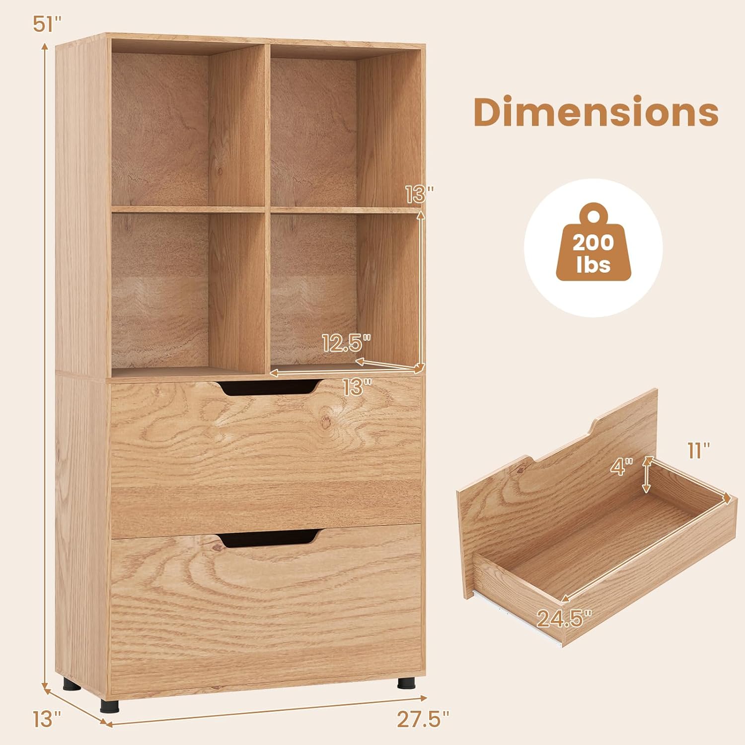 LOKO Bookshelf with 2 Drawers & 4-Cube - Set of 2, Farmhouse Bookcase with Anti-Tipping Devices, Modern Wooden Display Rack Storage Cabinet Organizer for Living Room, Study, Office (2, Natural)
