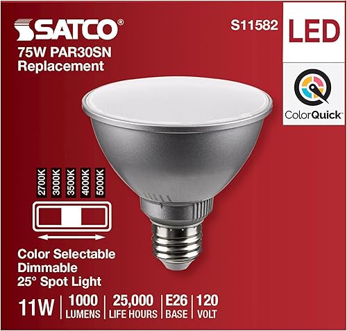 Miniatura 4 de Satco Bombilla LED S11582 PAR30SN de 11 vatios, CCT ajustable, 120V, ángulo de haz de 25, acabado plateado, ideal para oficina, tienda, uso